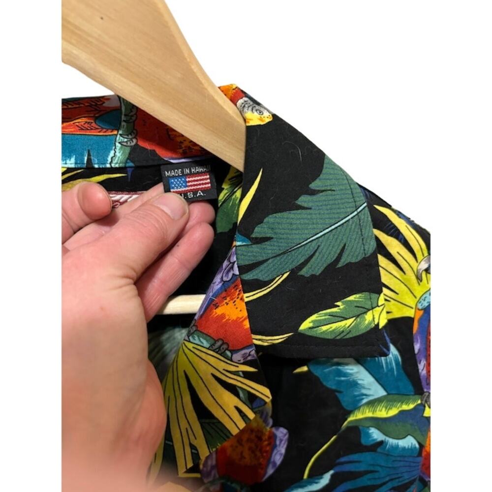 VTG Hawaiian shirt button up short sleeve tropical jungle leaves and parrots L - Picture 5 of 7